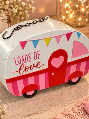 Pink Metal Retro Camper Loads of Love Valentine Tabletop Décor NWT